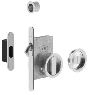 Fechadura JNF de embutir para porta de correr em aço inox satinado, com fecho e concha